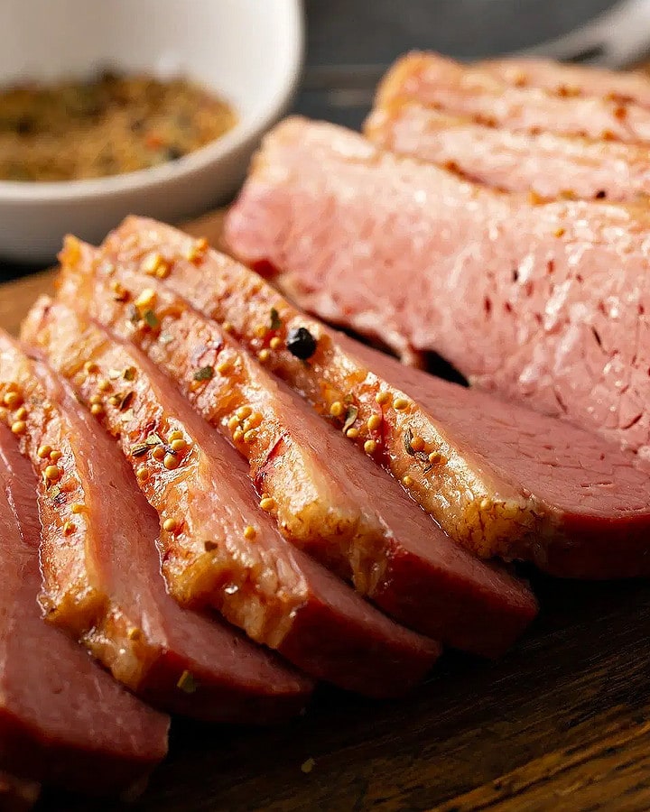 Close view of sliced corned beef with mustard.