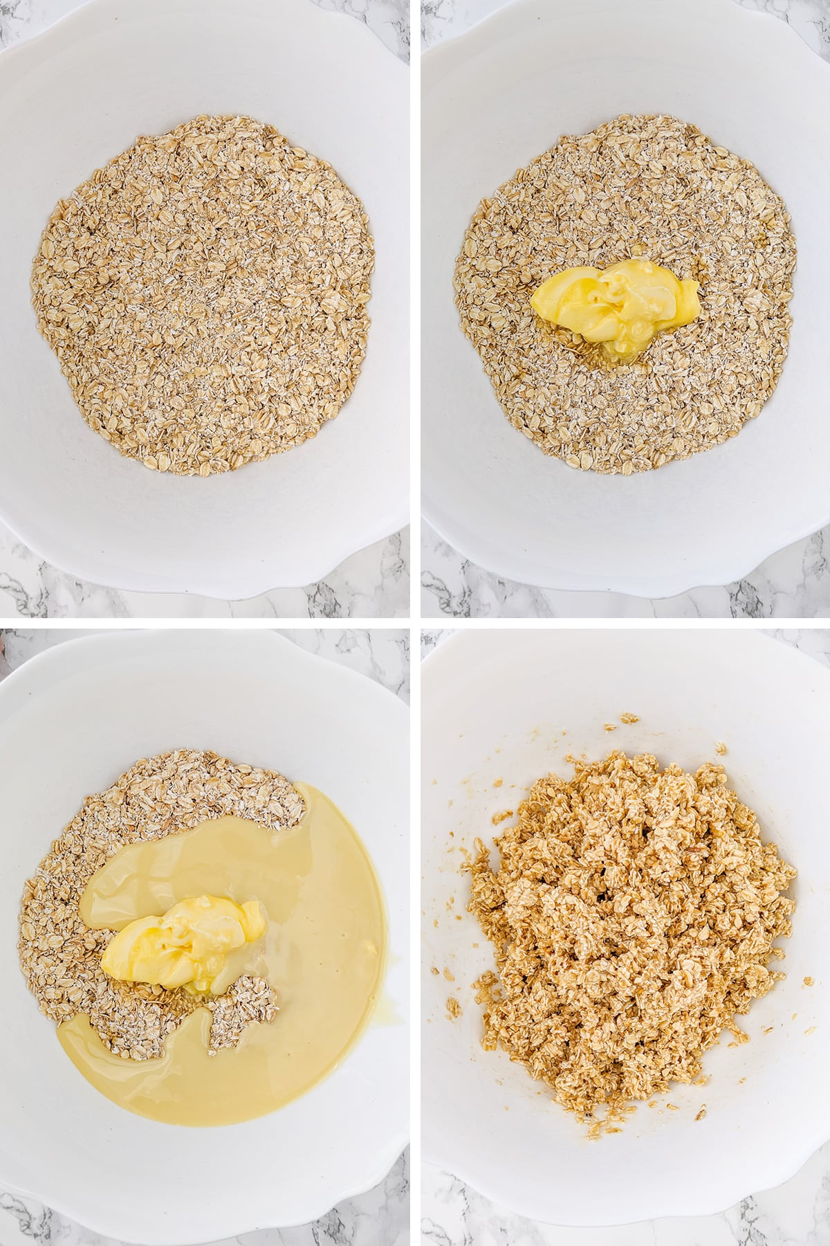 Top view of a step-by-step how to make a homemade flapjack mix.