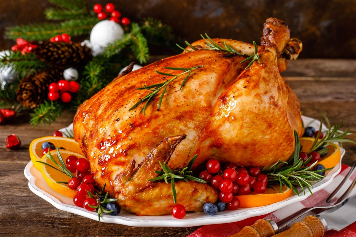 Close look of roasted Christmas turkey with oranges and berries.