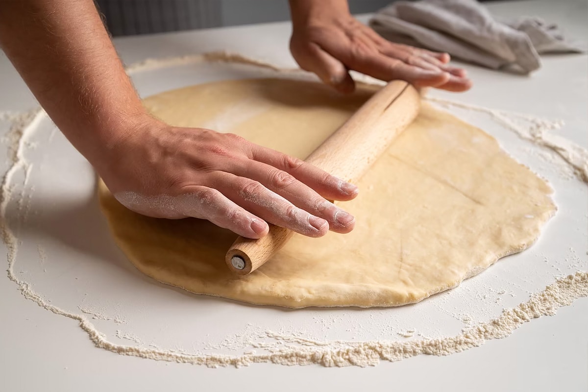 Two woman hands rolling pizza dough.