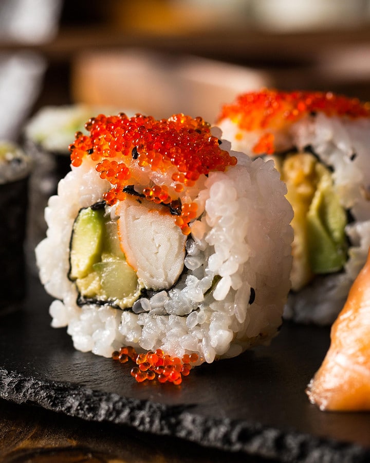 Close look of sushi rolls.