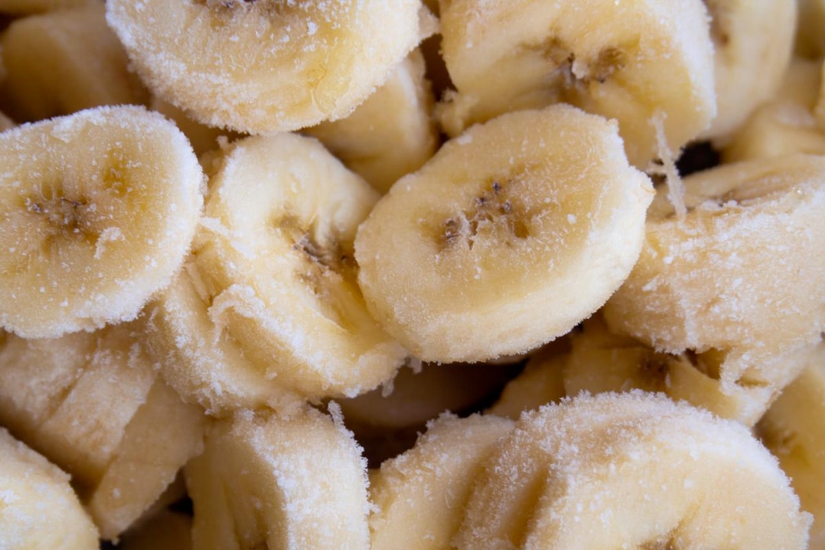 Close look of frozen banana slices.