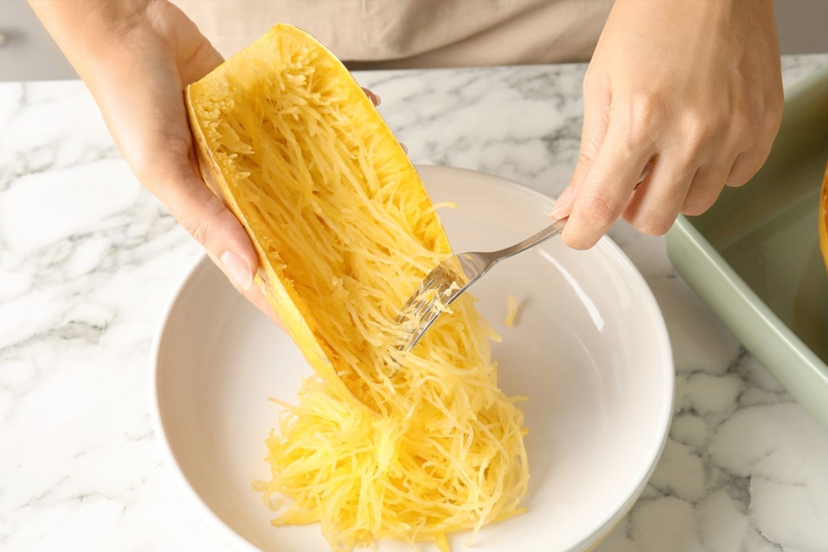 A woman holding a spaghetti squash and a fork trying to transfer the spaghetti squash into a plate.