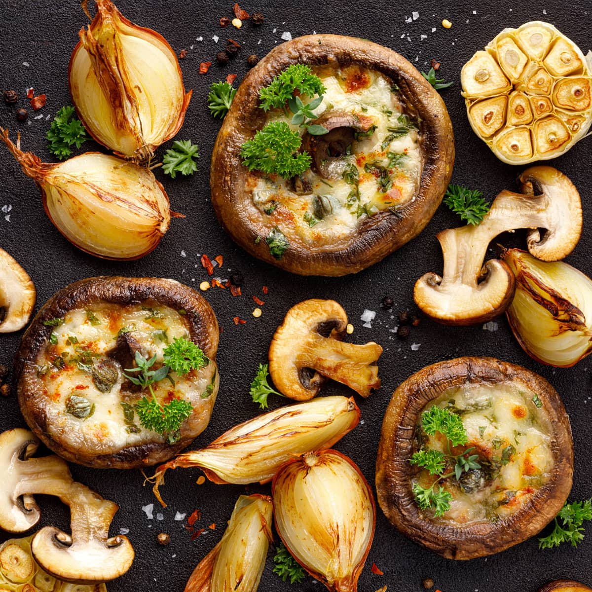 Top view of stuffed mushrooms near some roasted onions and aromatic herbs.