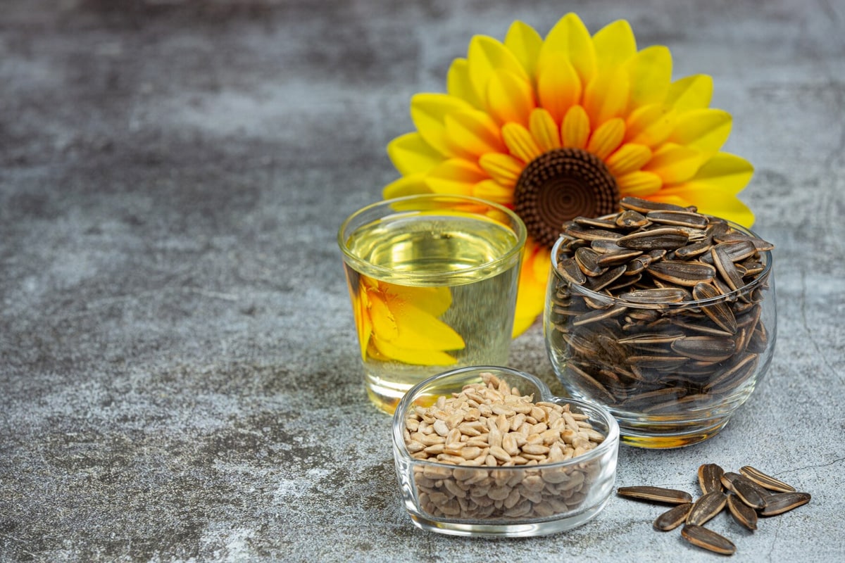 A concept image with a glass with sunflower oil near sunflower seeds.