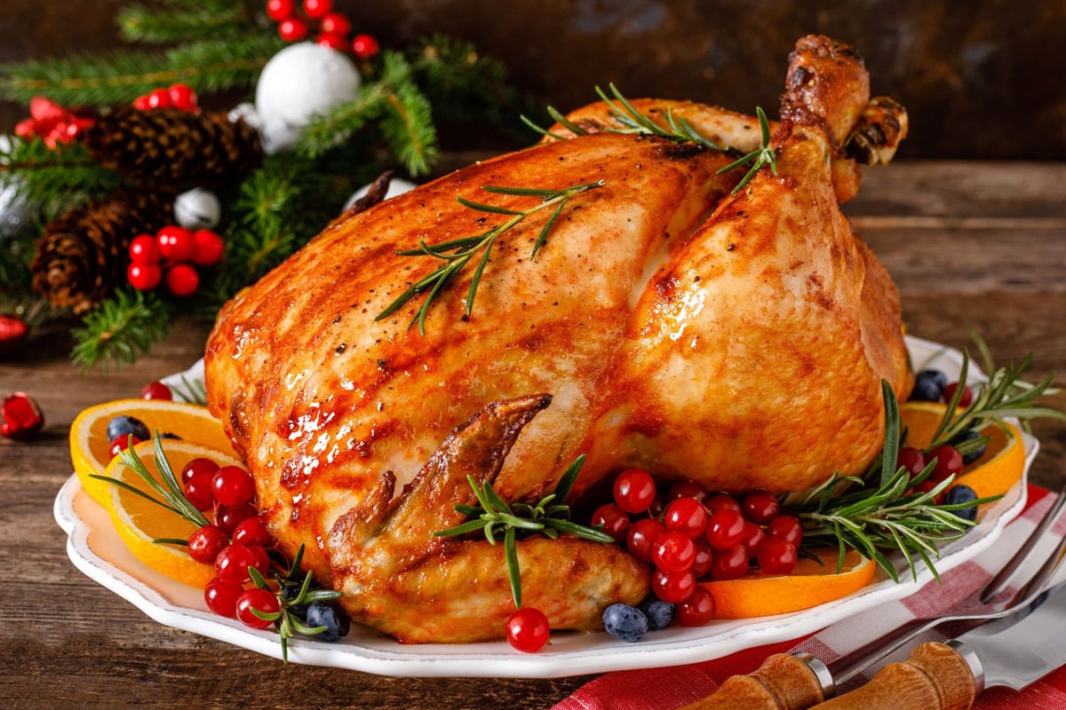 Close look of cooked turkey for a festive Christmas table.