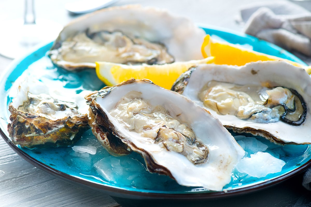 Close look of 4 oysters near lemon slices.
