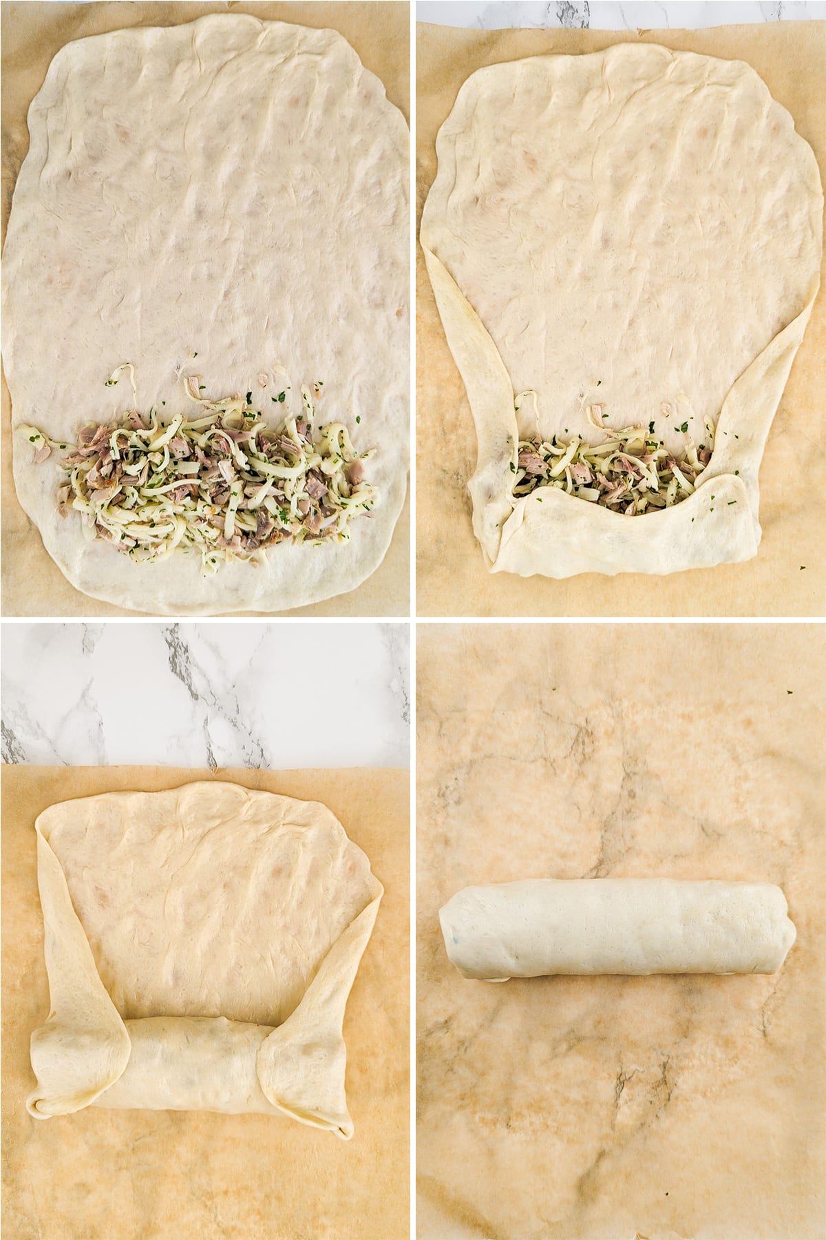 The process of rolling out the chicken bake dough with stuffing.