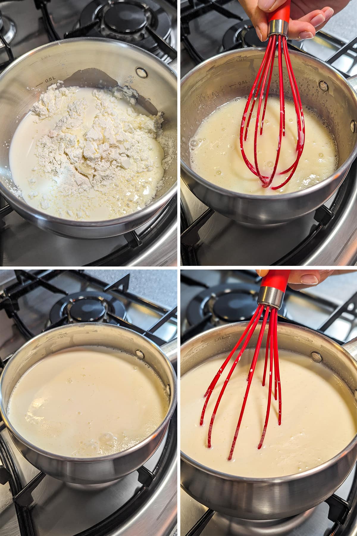Step by step thickening vanila cream on a pan on the stove.