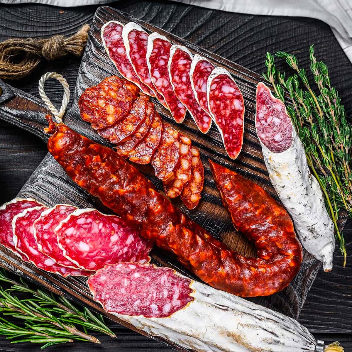 Top view of different types of salami near aromatic herbs.