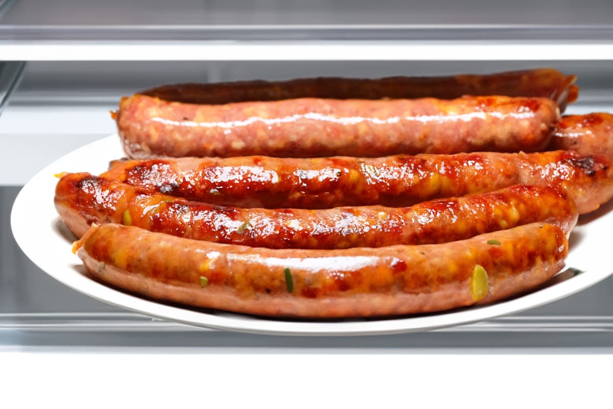 Side look of cooked sausages in the fridge.