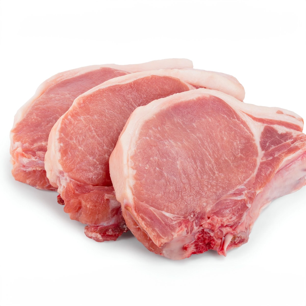 Close look of 3 pieces of pork chops isolated on white background.
