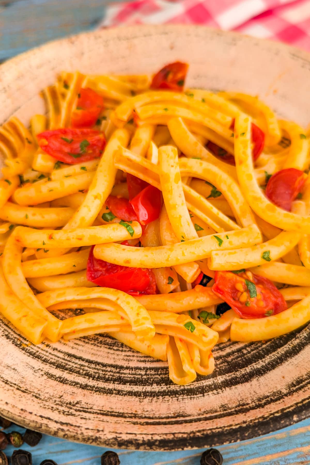 Close look of a vintage plate of pasta with tomatoes, garlic and parsley.