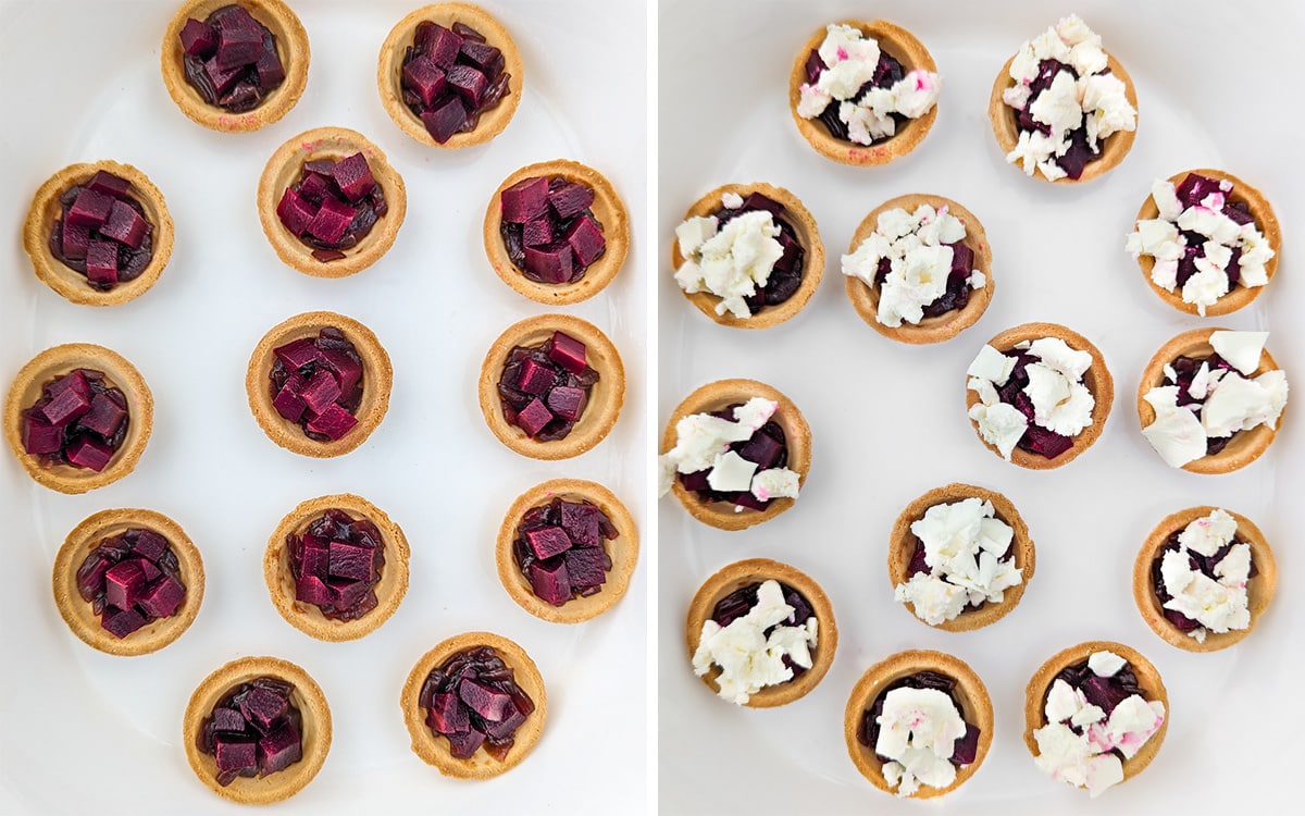 Assembling beetroot and feta tartlets in a white traybake.