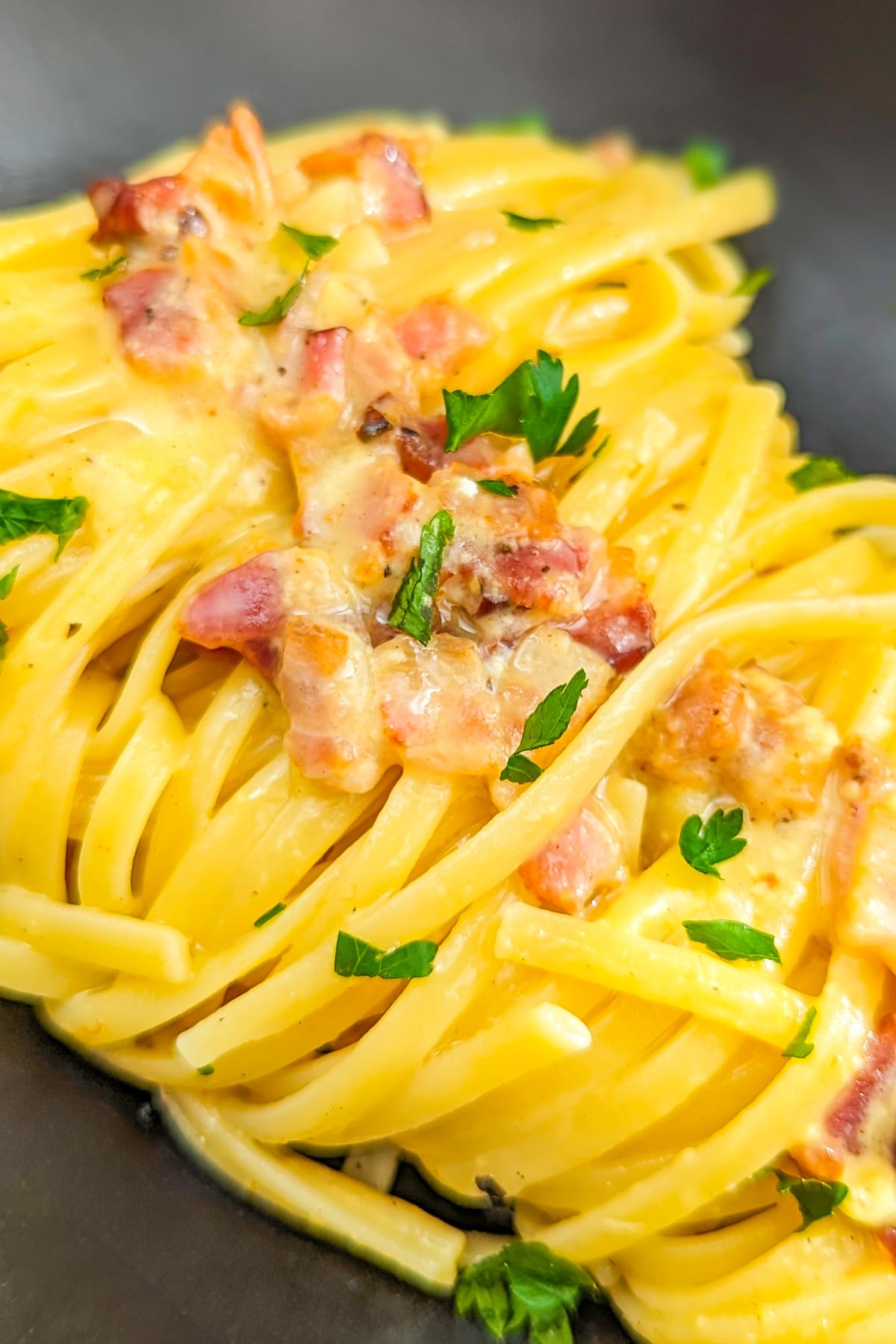 Close look of carbonara pasta with bacon and decorated with freshly chopped parsley.