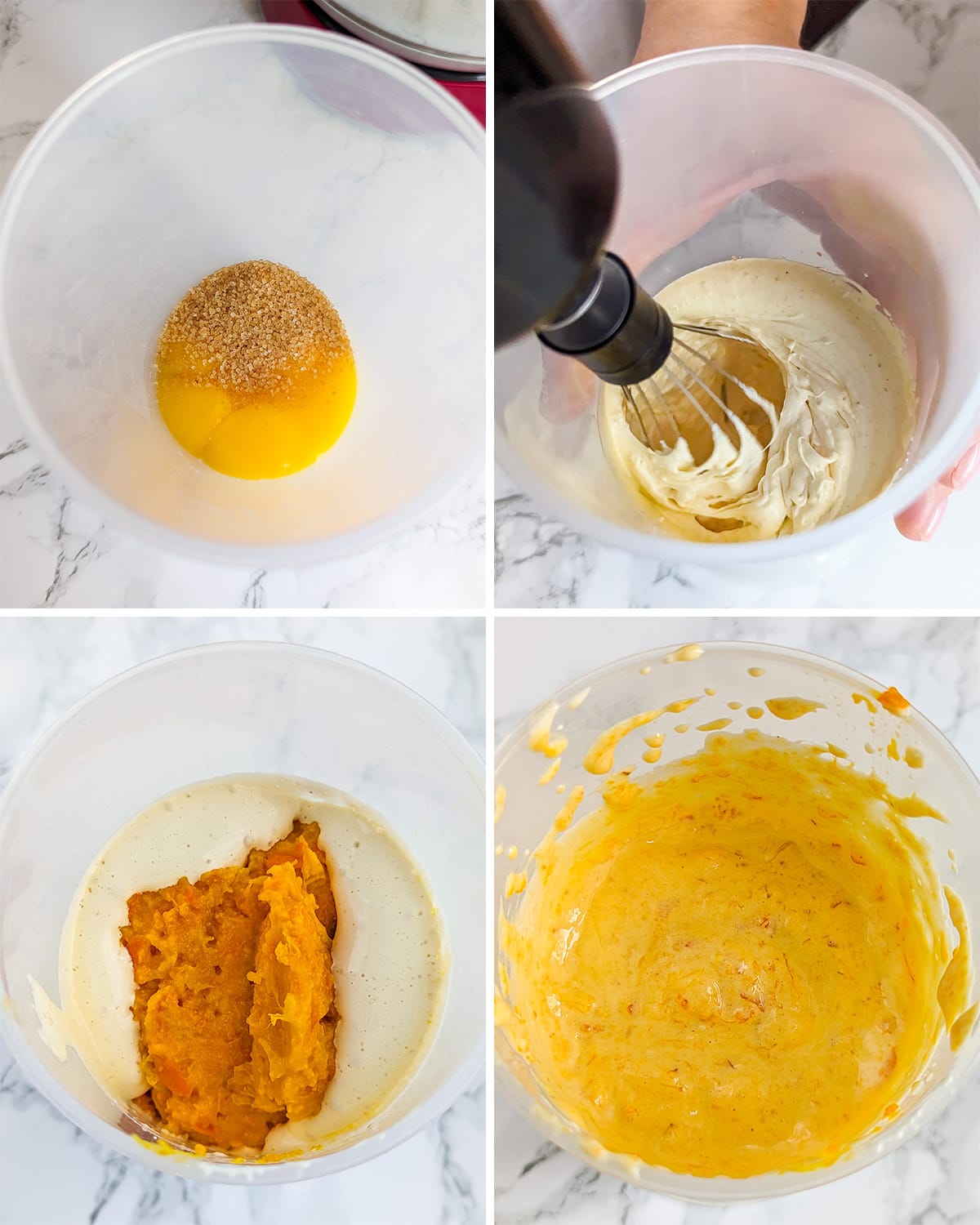 Step-by-step process of mixing eggs with sugar and mandarin puree.