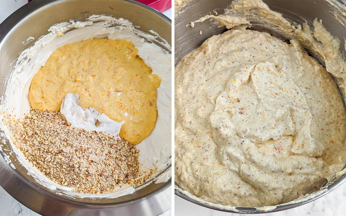 Mixing mandarin puree with crushed almonds in a table mixer.
