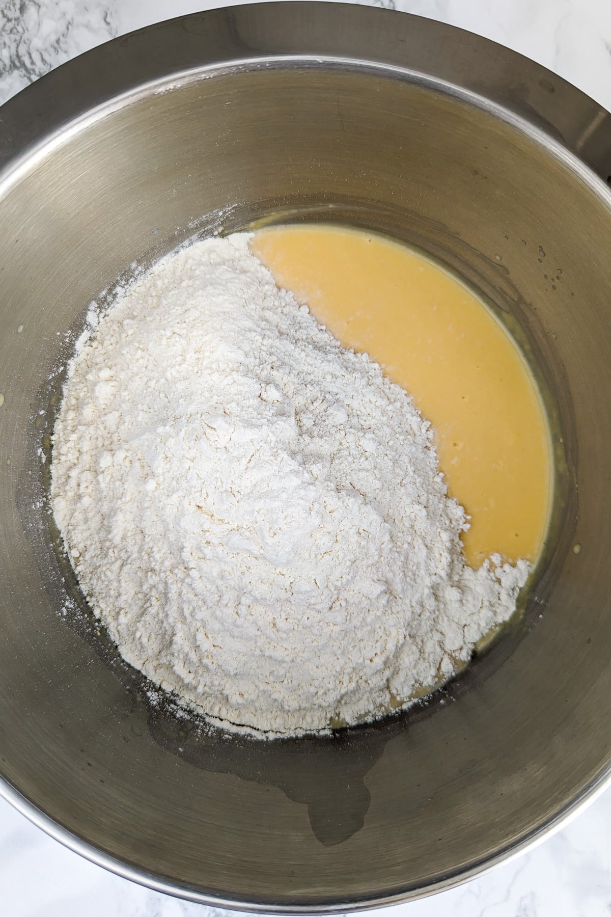 All-purpose flour over a mix of pumpkin puree and milk.