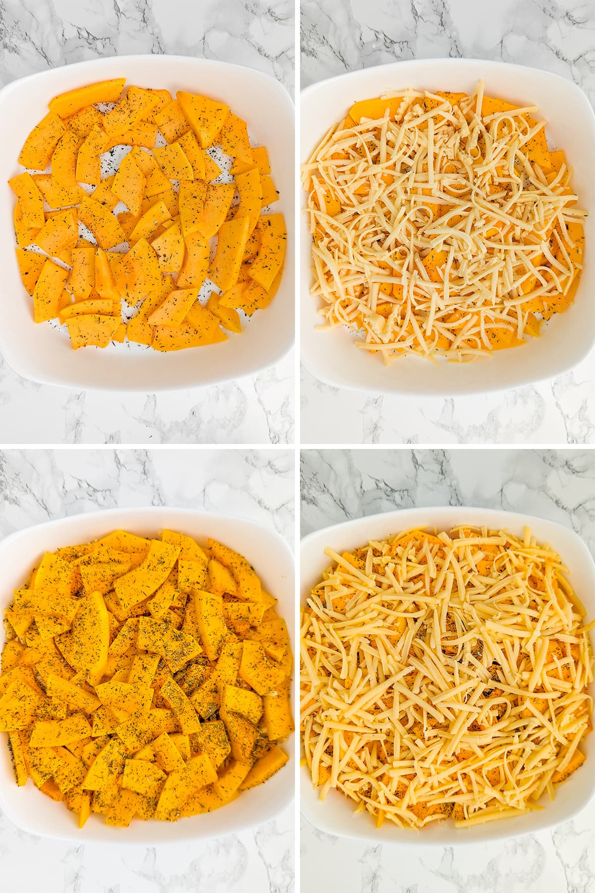 Collage of 4 images of seasoned pumpkin slices and covered with shredded cheese.