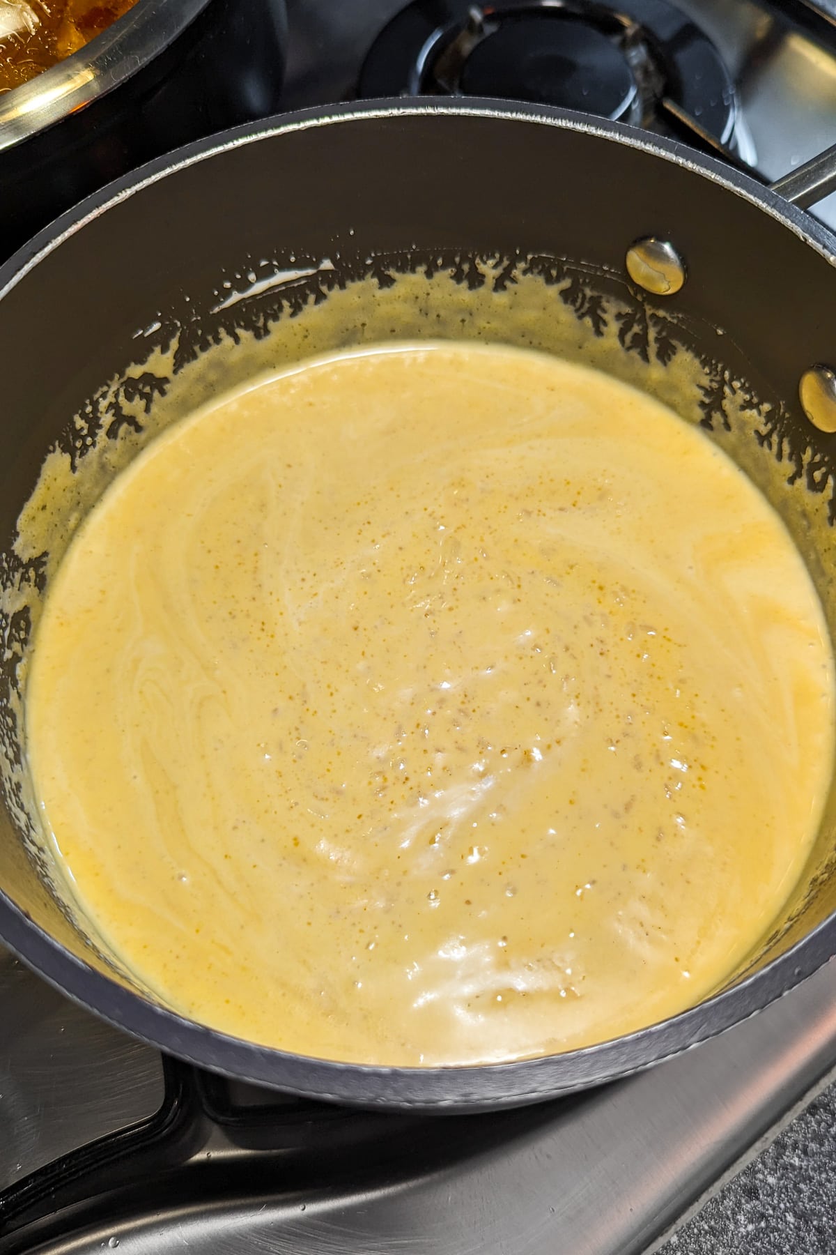 Pumpkin rice pudding mix in a pan on the stove.