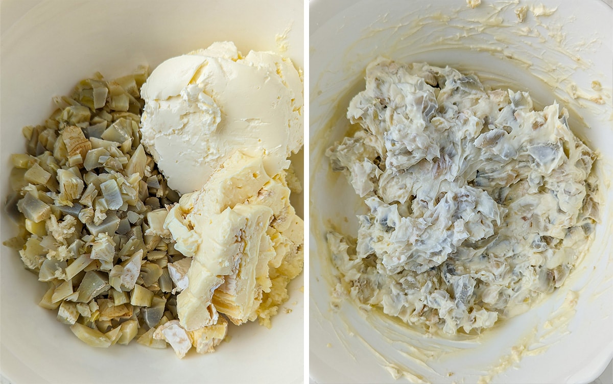 Collage of two photos mixing the chopped artichoke with brie cheese and cream cheese in a white plate.