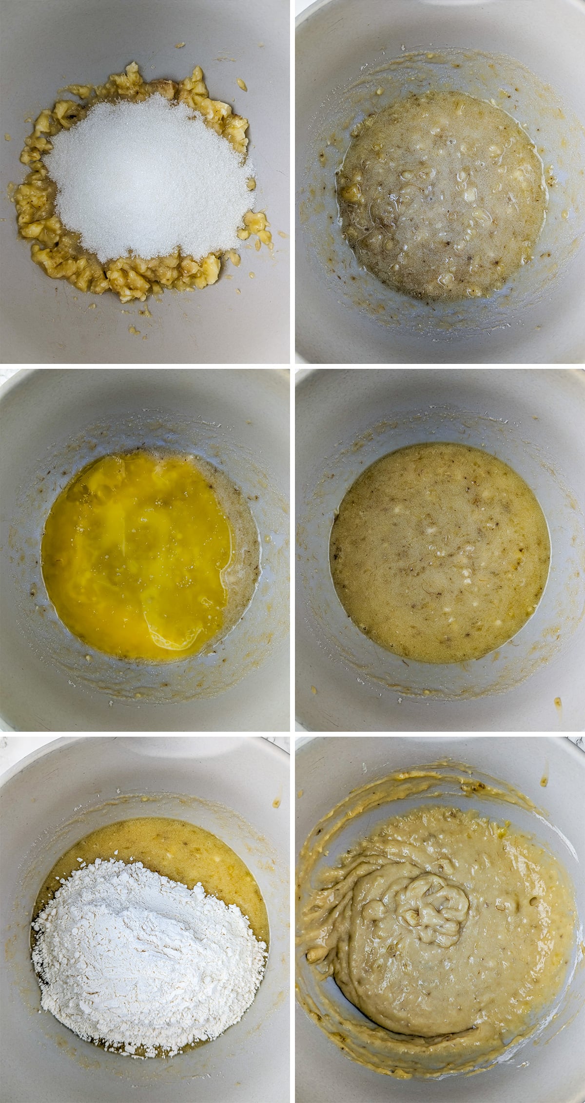 Collage of 6 photos of step-by-step mixing dough for banana bread.