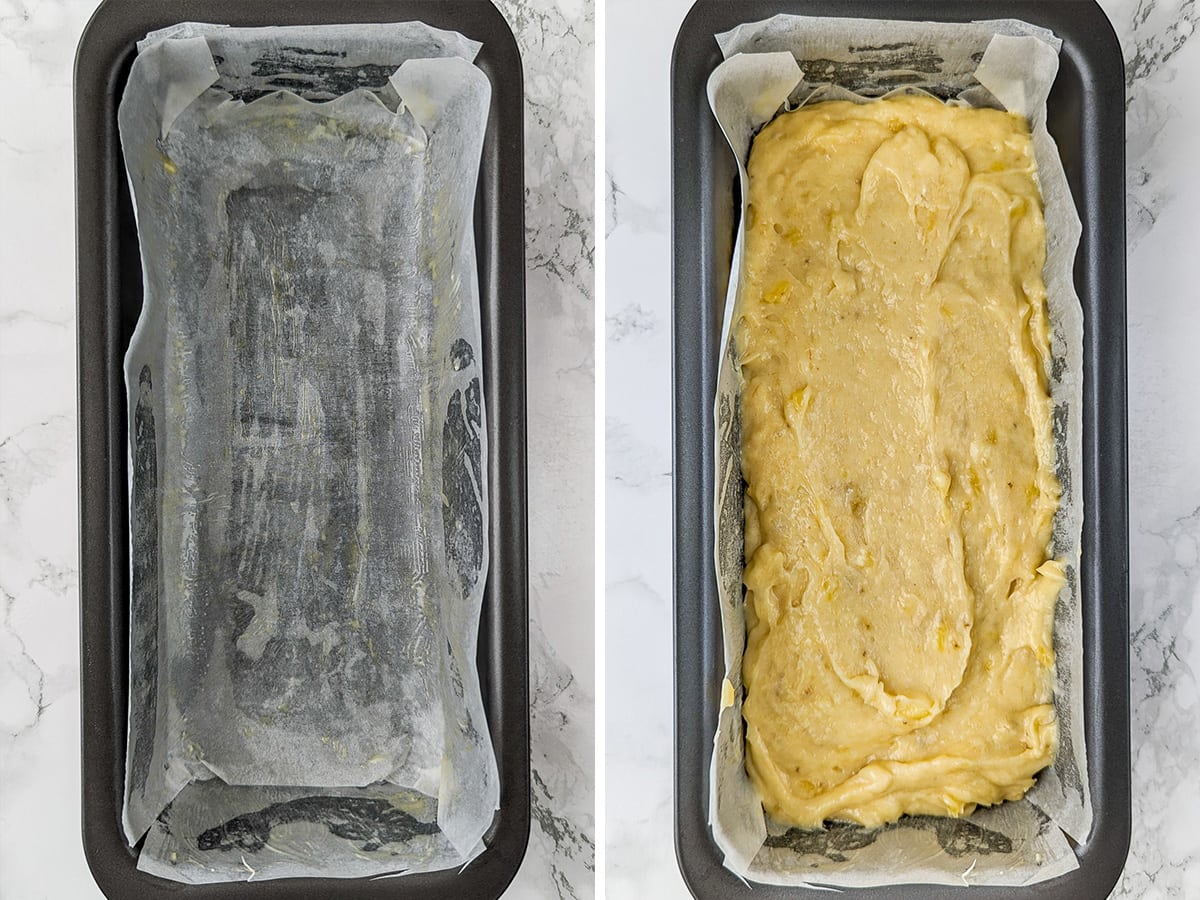 Collage of two images of a baking tray covered with parchment paper and raw banana bread dough mix.