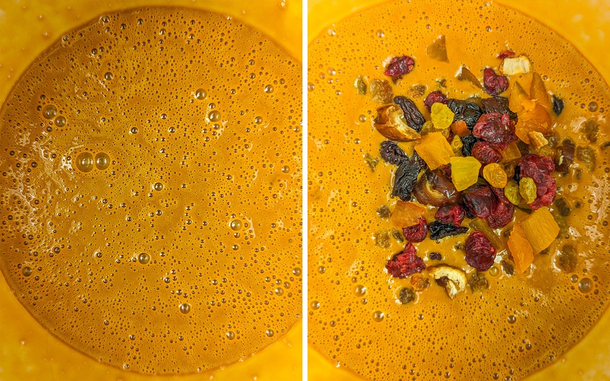 Close look of mixed caramelized milk with a mix of dried fruits.