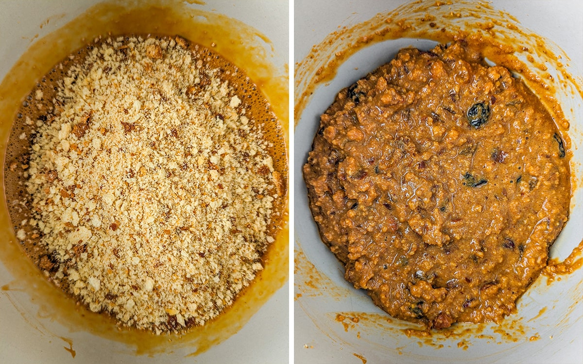Two photos of mixing pudding mix ingredients in a gray large bowl.