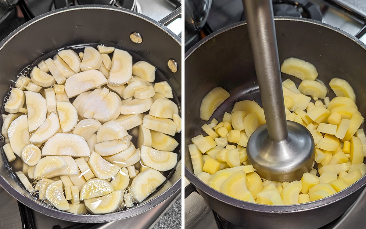 Step-by-step how to mash the boiled parsnips in a pan on the stove.