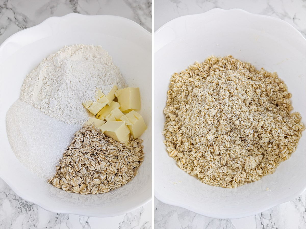 Large white bowl with flour, sugar, butter and oats mixed together.