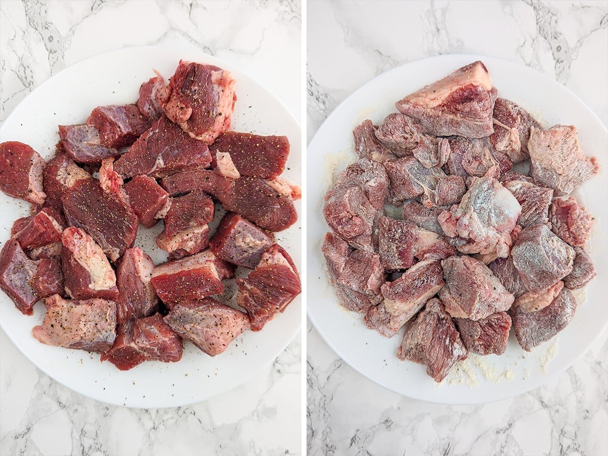 Collage of two photos of how to coat beef meat cubes into all-purpose flour.