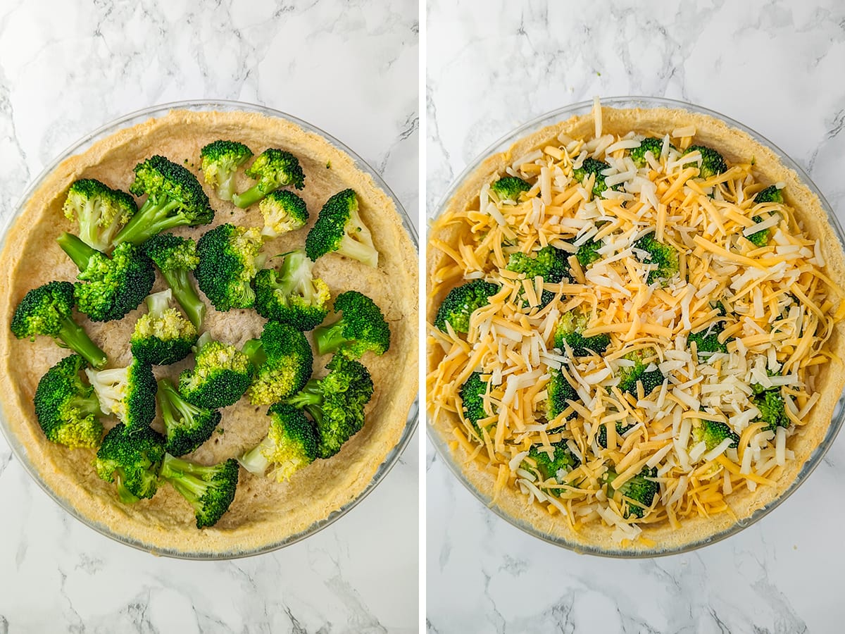 Two stages of assembling broccoli cheddar quiche showing broccoli florets placed on the dough crust and then topped with a generous amount of shredded cheddar cheese.