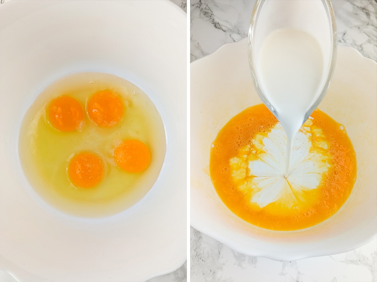 Process of preparing quiche custard with whole eggs in a white bowl next to the same bowl with heavy cream poured into the beaten eggs, creating a yellow mixture.