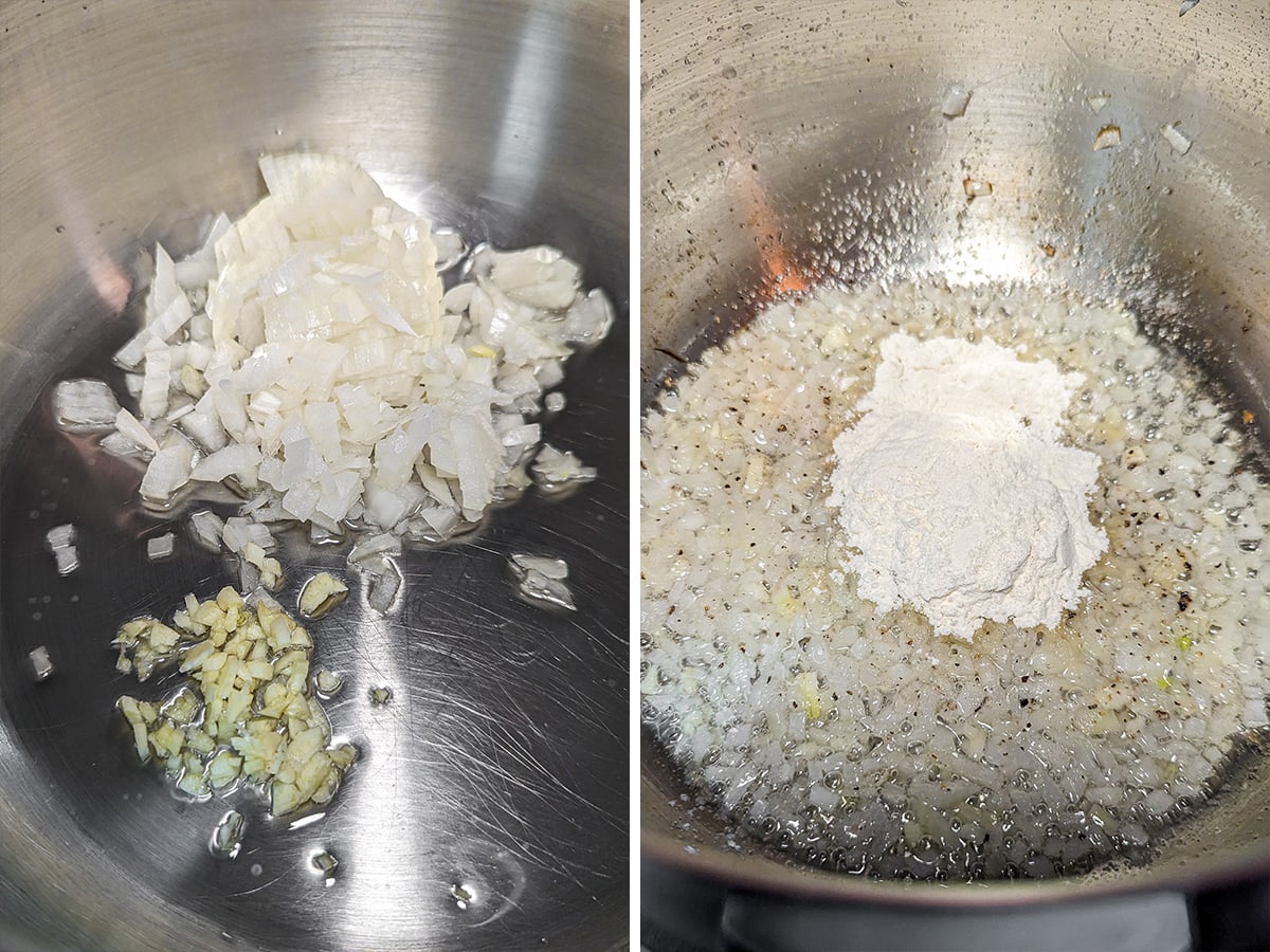 Collage of two images with a pan with chopped onions and garlic on the stove.