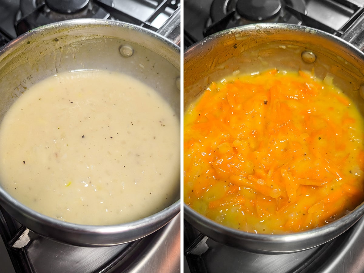 Collage of two images with a pan with cheese and carrots on the stove.