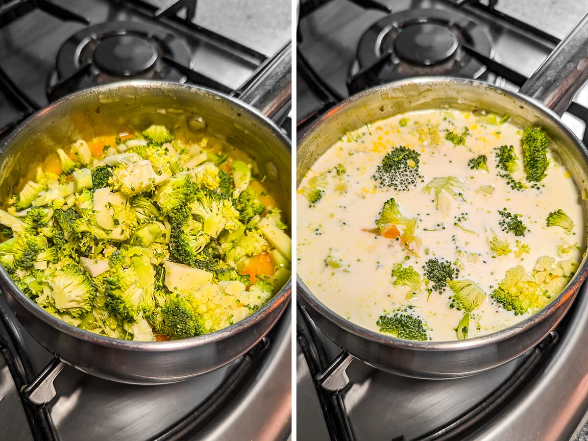 Collage of two images with a pan with cheese, broccoli and carrots on the stove.