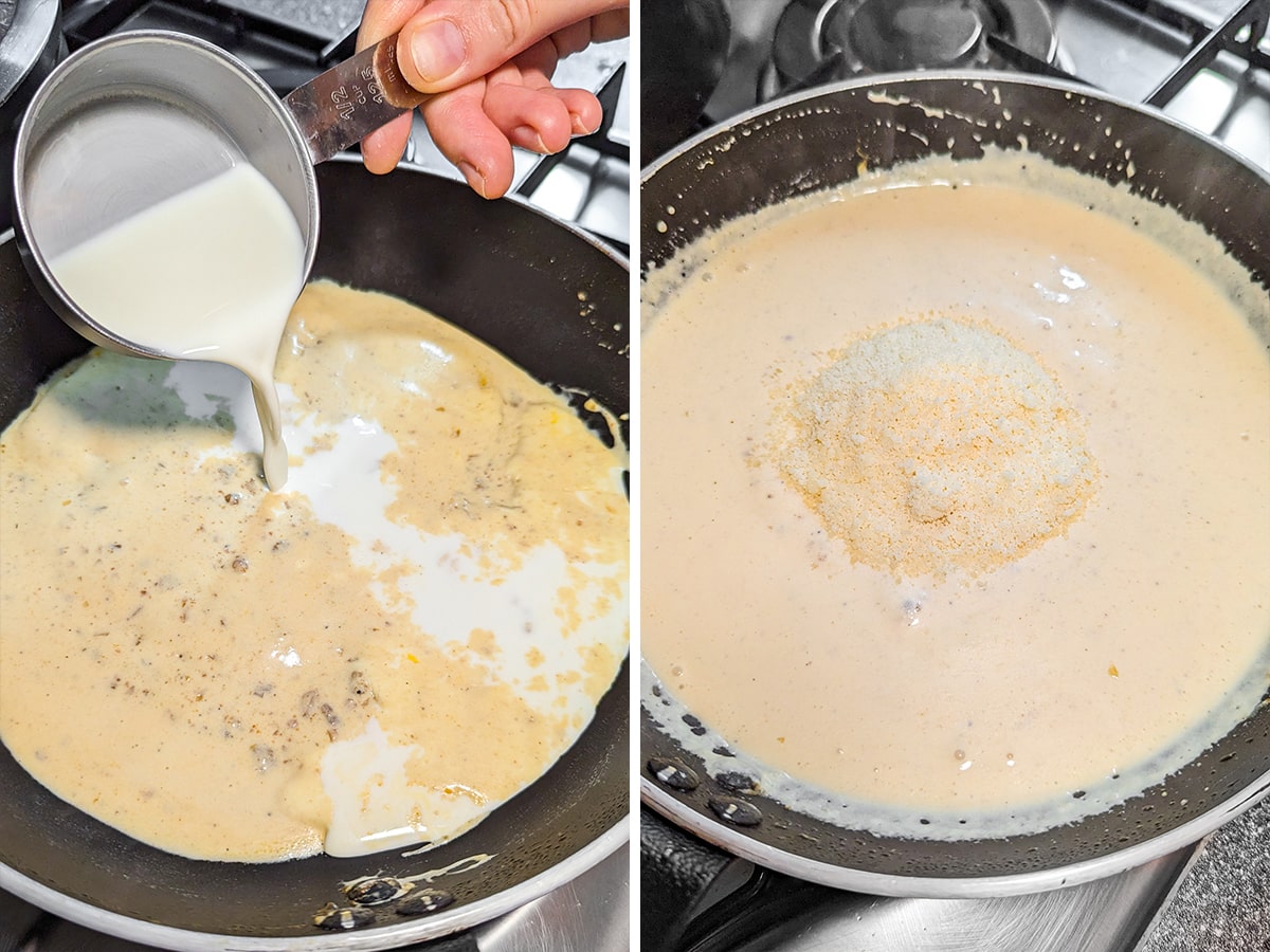 Pouring cream and parmesan cheese in a frying pan on the stove.