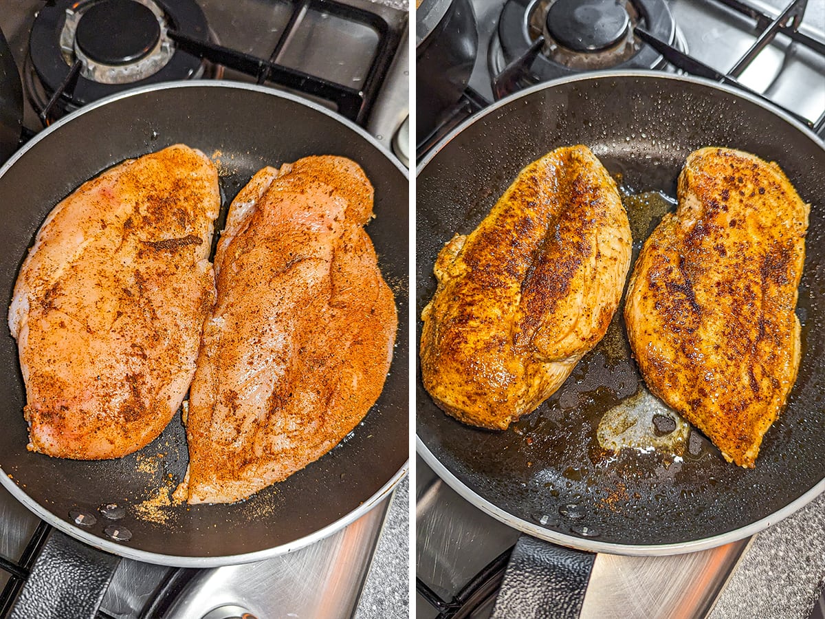 Step-by-step frying 2 chicken breast pieces in a frying pan on the stove.
