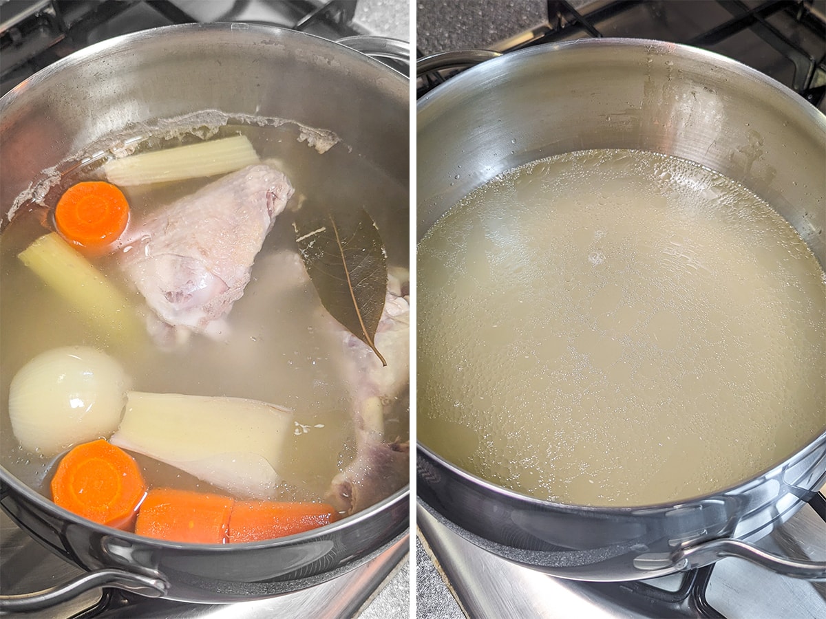 Aluminum pan with chicken broth on the stove.