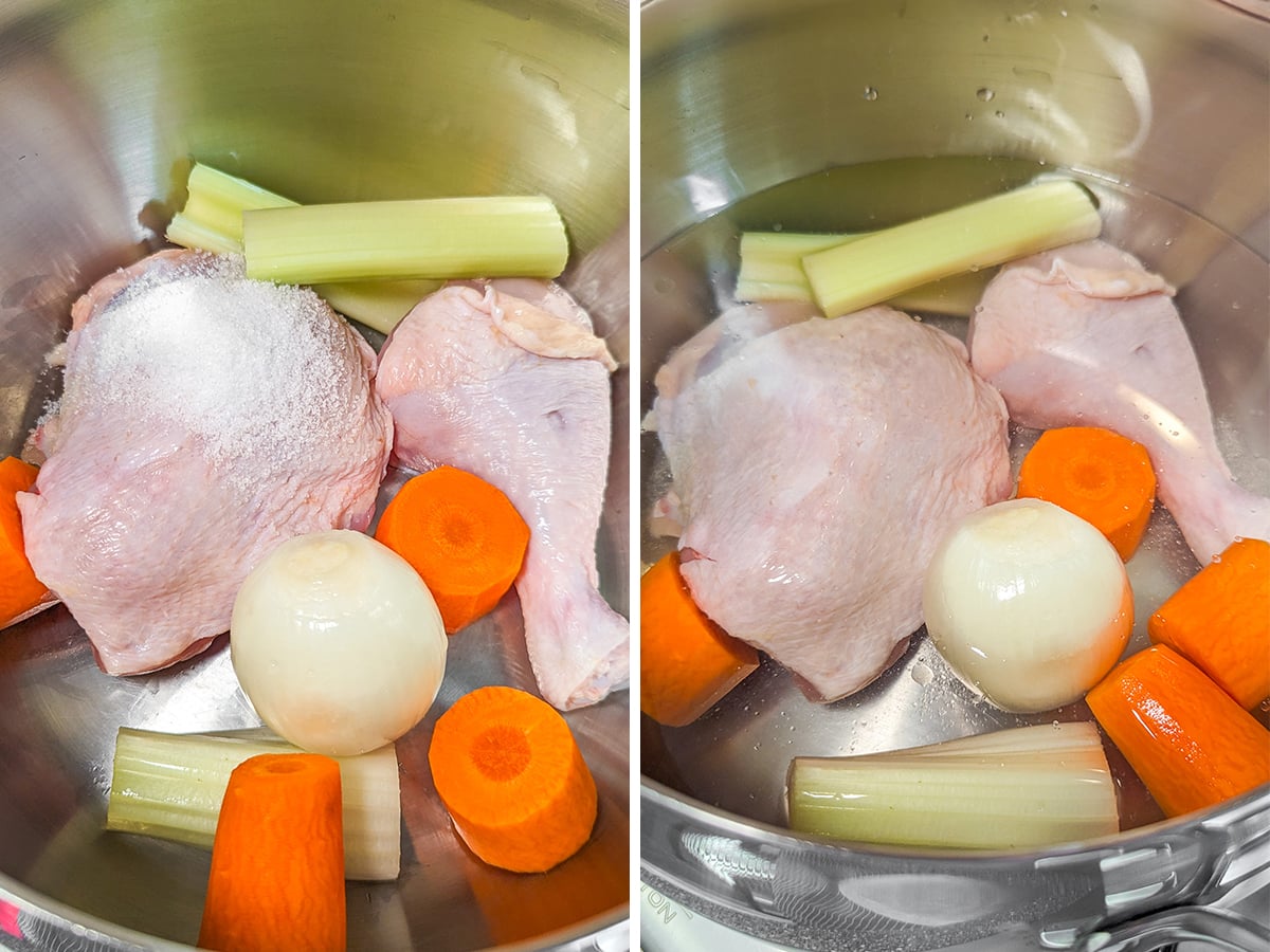 Collage of two images with ingredients for chicken broth.