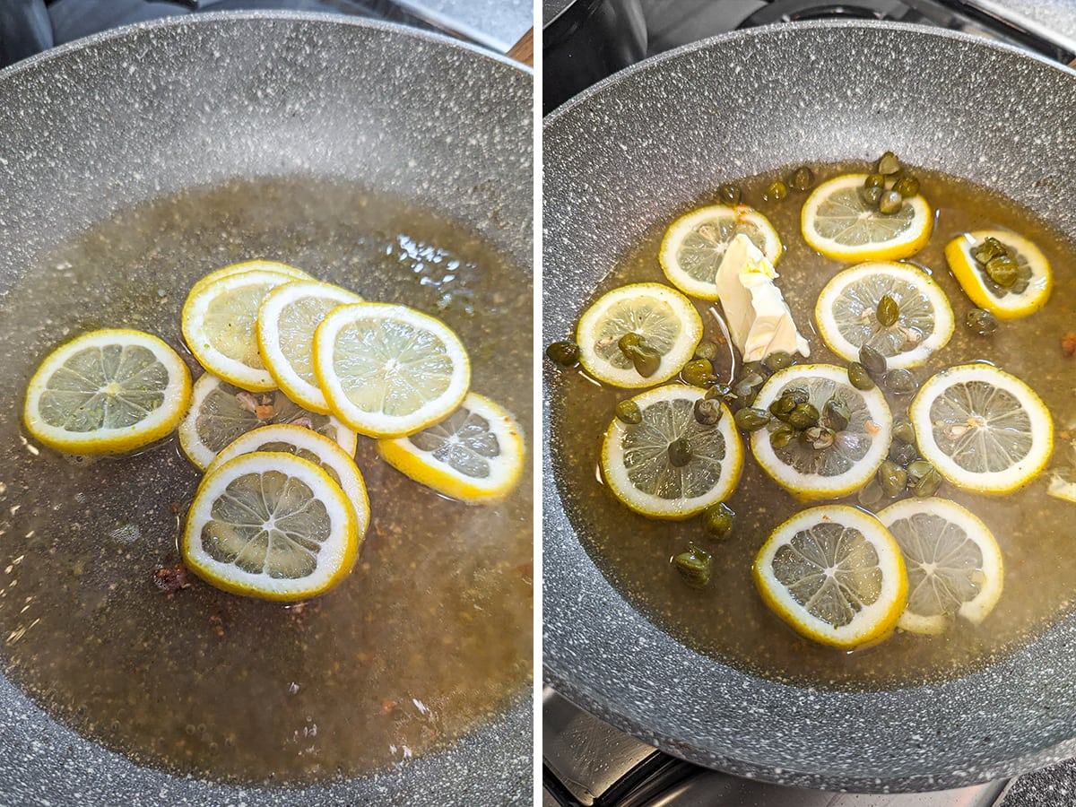 Two stages of cooking chicken piccata: on the left, lemon slices simmering in a saucepan; on the right, the sauce with added capers and a pat of butter.