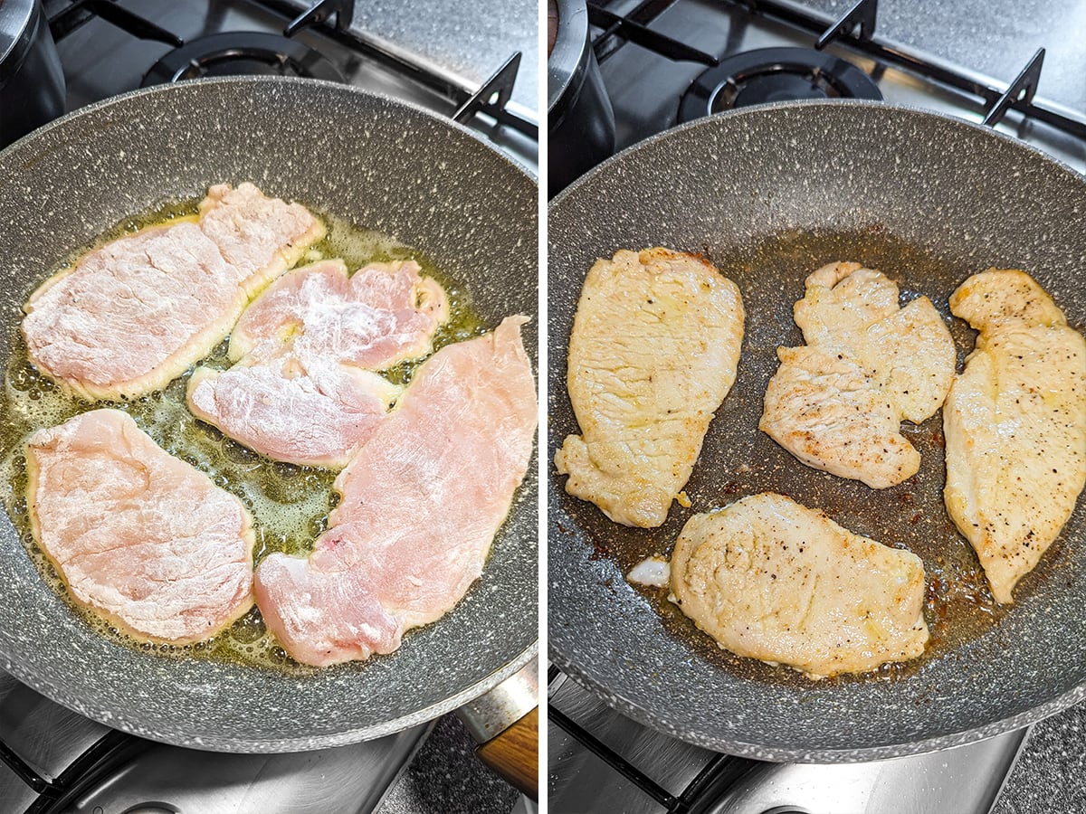 Sequential cooking process of chicken piccata: on the left, raw chicken breasts starting to fry; on the right, the chicken turned over, showing a golden-brown sear.