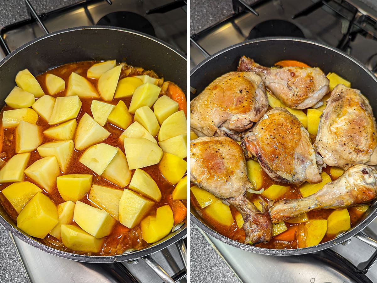 A two-step cooking process for chicken stew; the first shows potatoes and carrots simmering in broth, and the second illustrates browned chicken legs added to the pot.