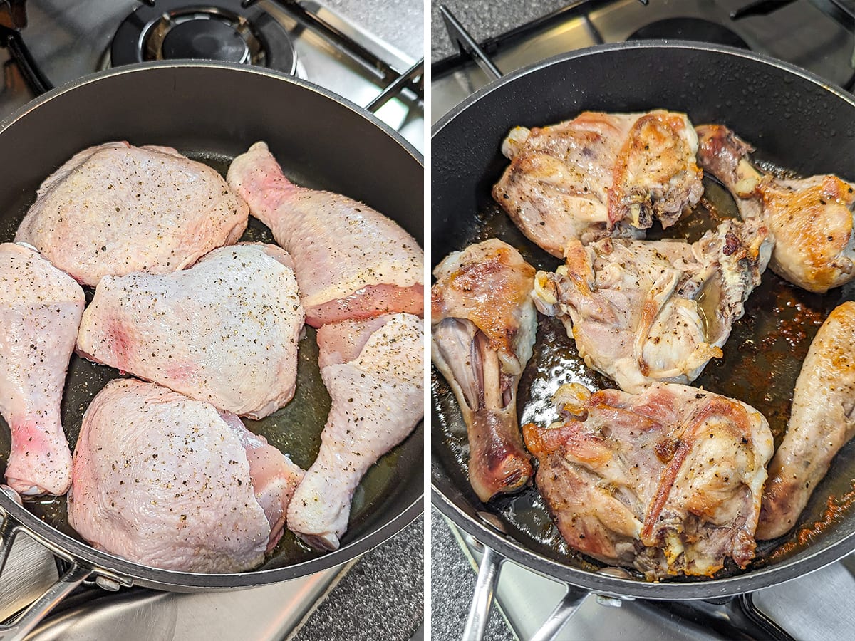 Chicken legs being browned in a pan, with a before and after comparison; initially raw and seasoned, then turned golden-brown upon cooking.