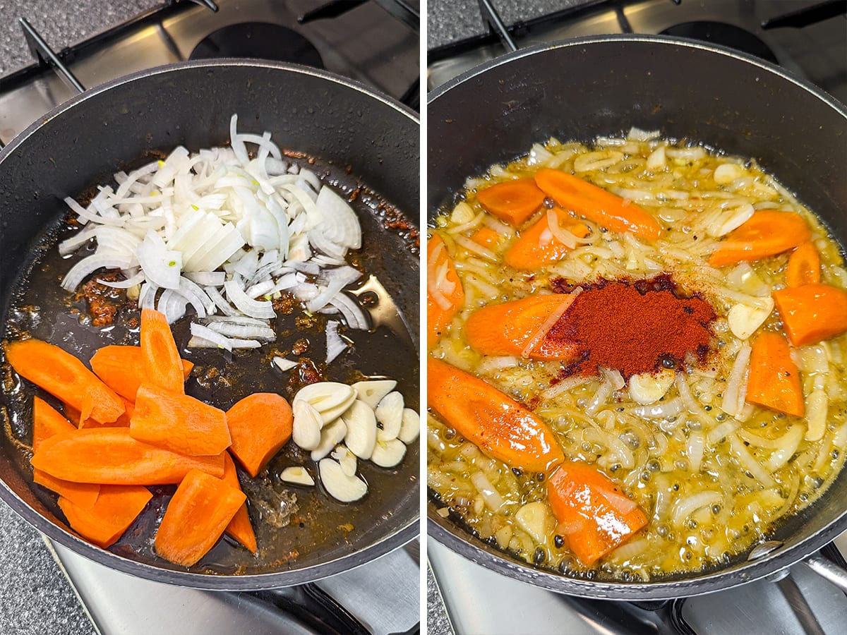 Sautéing process for chicken stew with sliced onions and carrots in the initial stages, followed by the addition of garlic and spices.