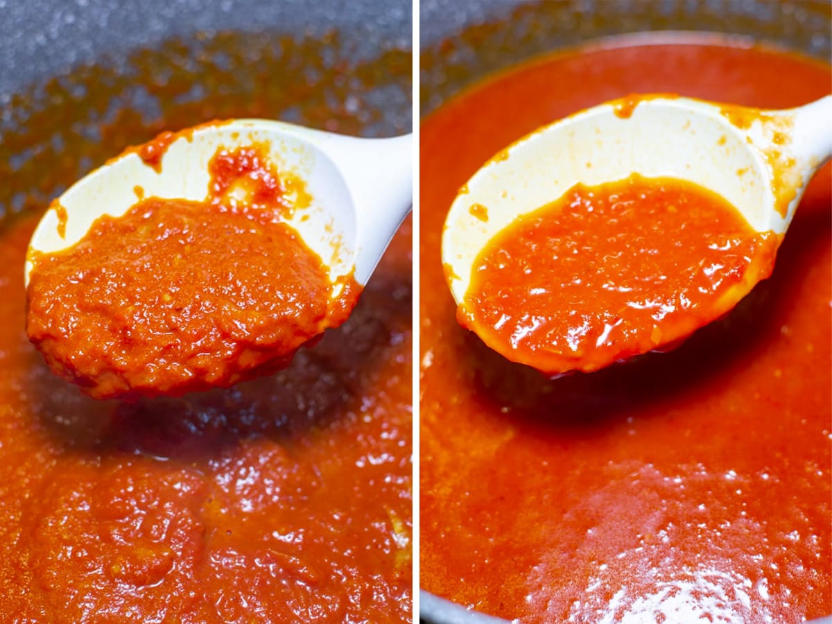 Wooden spoon showing tomato sauce consistency.