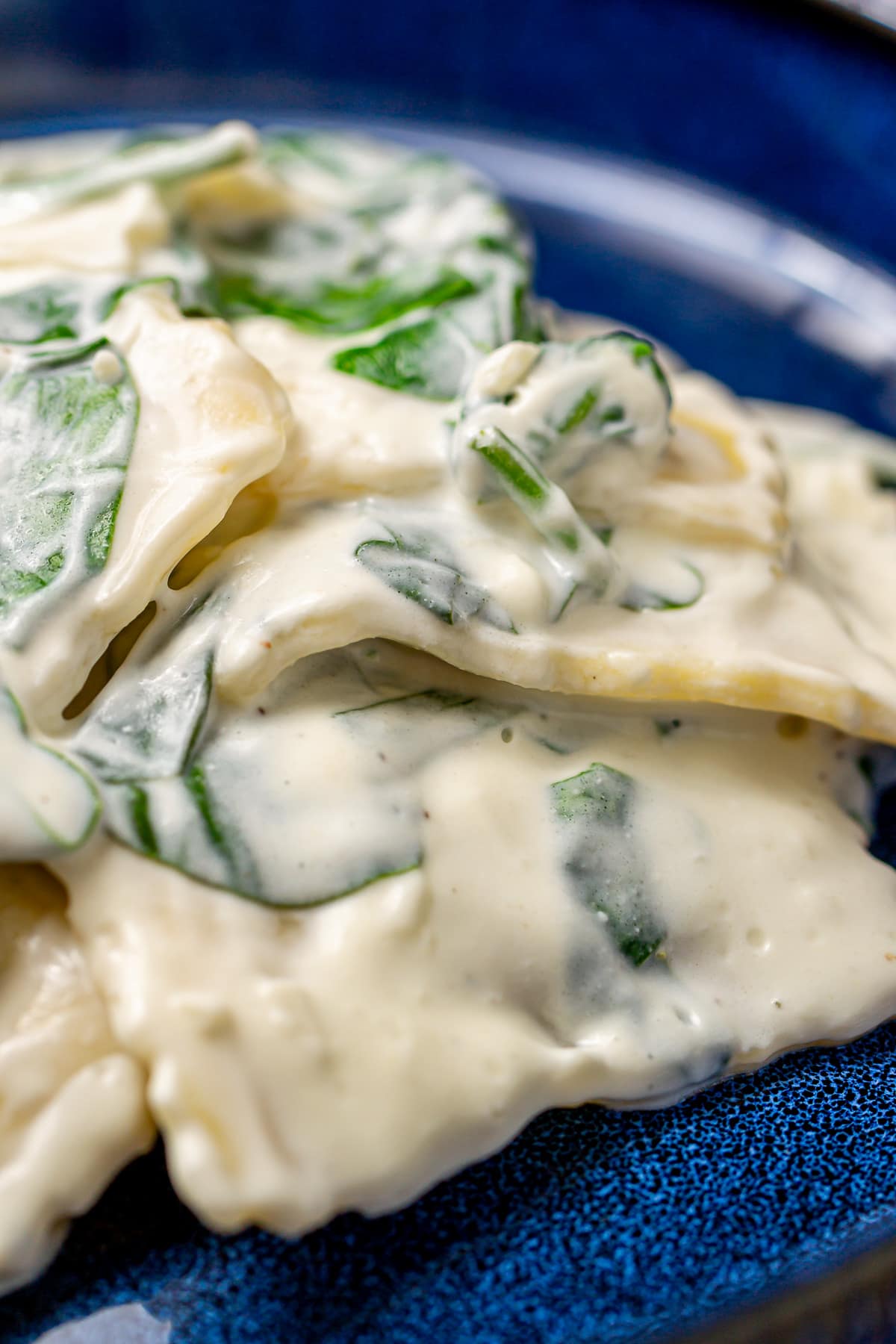 Creamy spinach and cheese ravioli in an elegant blue plate.