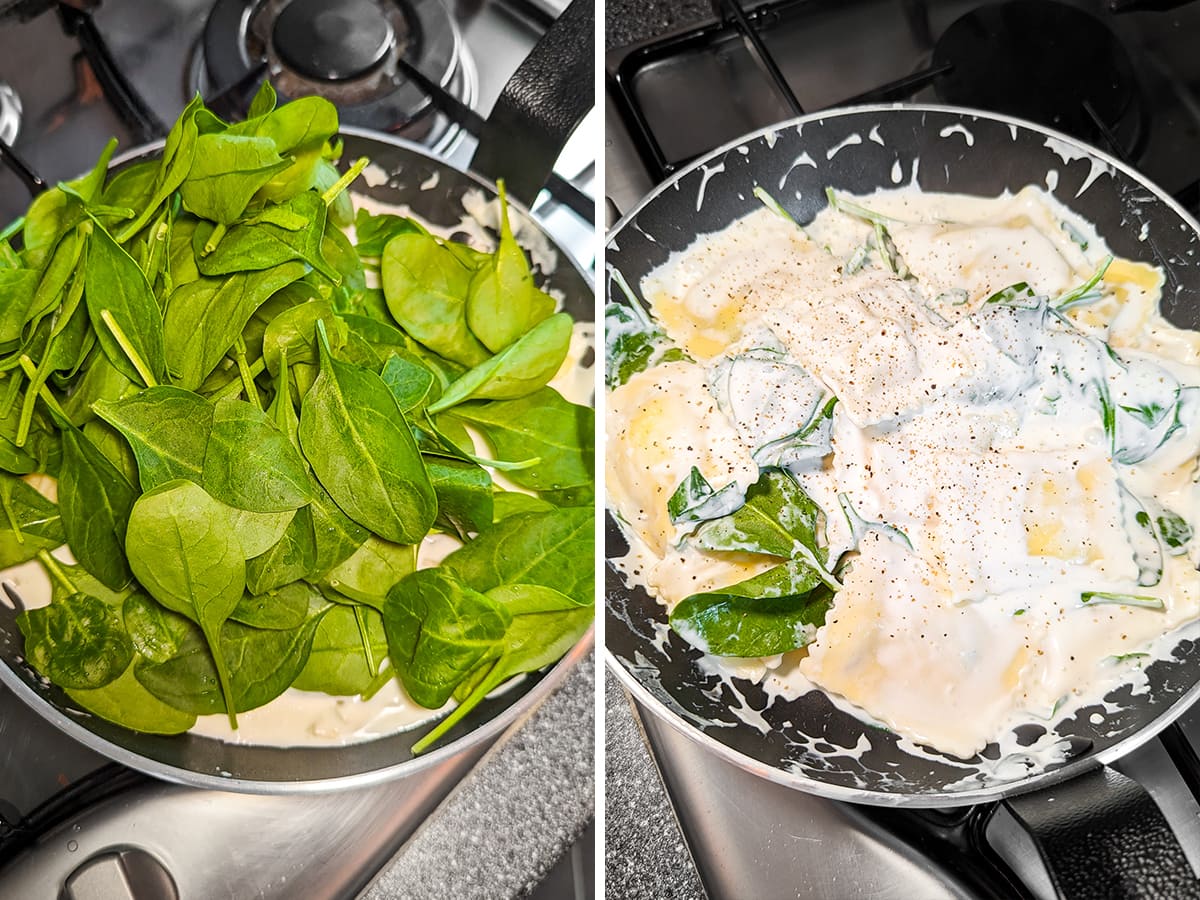 Adding spinach in a creamy ravioli sauce.