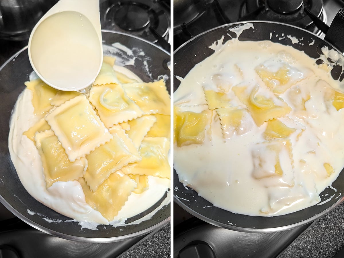 Adjusting the creaminess of the cheese ravioli in a frying pan on the stove.
